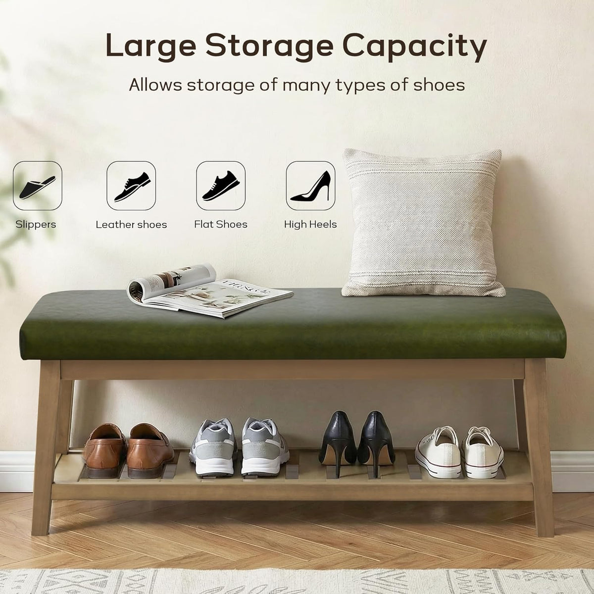 HUIMO Entryway Shoe Bench with Cushion, End of Bed Bench,Upholstered Bench for Kitchen, Bench with Solid Wood Shelf, Leather Ottoman Bench for Hallway, Living Room (PU-Green)