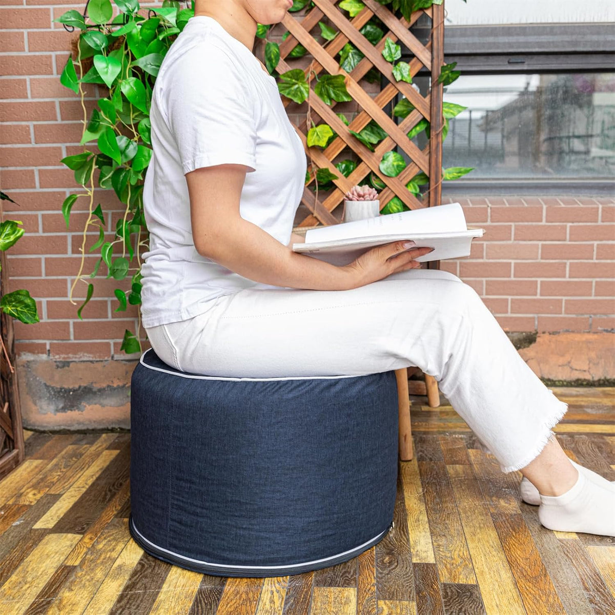 Outdoor Ottomans for Patio Pouf Waterproof Fade-Resistant Ottoman Foot Rest for Outdoor - Ottoman Chair Filled with High-Density All-in-One Foam, 20" D x 14" H Inches (Navy Blue, Round)