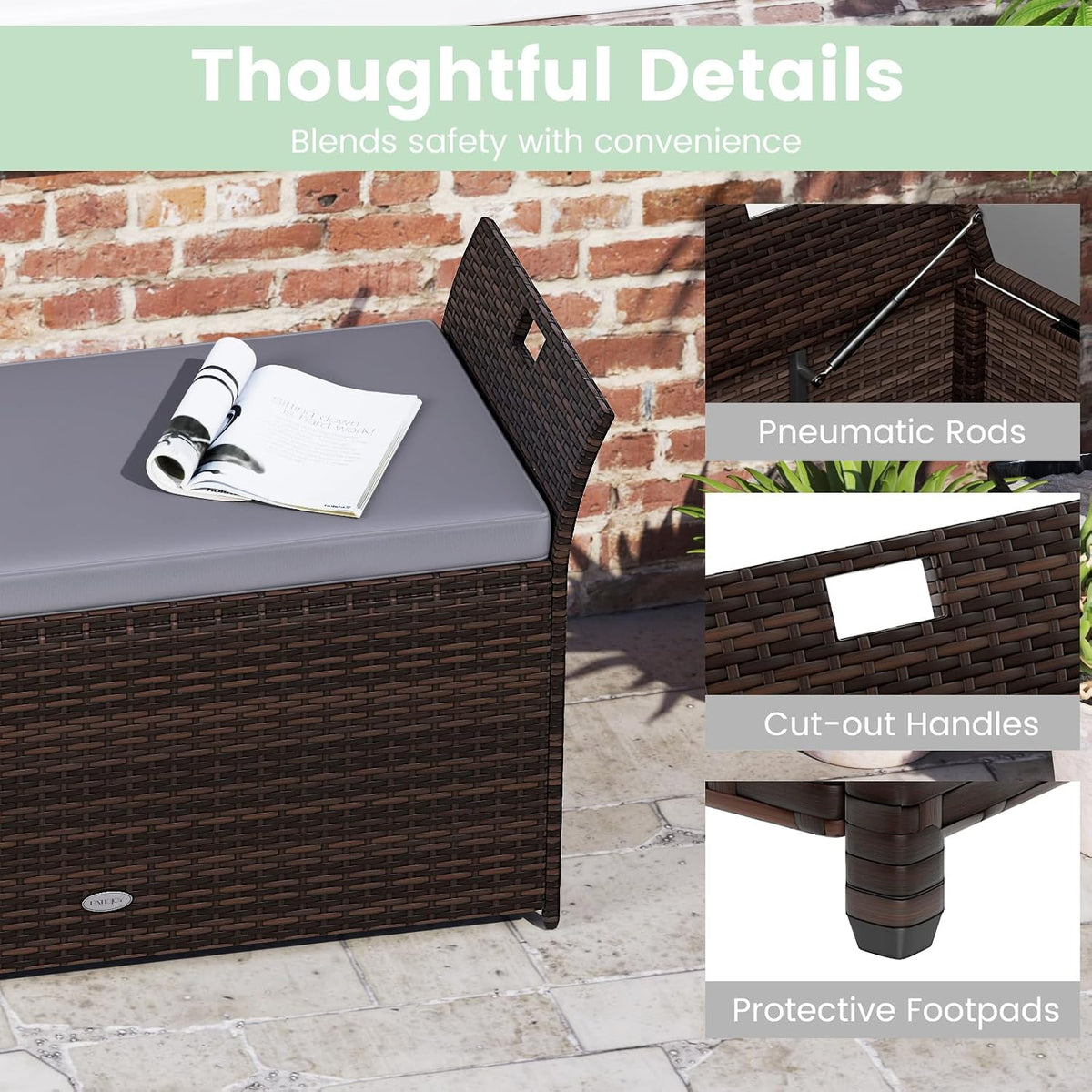 RELAX4LIFE Wicker Outdoor Storage Bench - 68 Gallon Rattan Deck Box w/Side Handles & Soft Cushion for Pillows, Garden Tools, Pool Accessories, Sports Equipment, Patio Bench with Storage for Porch