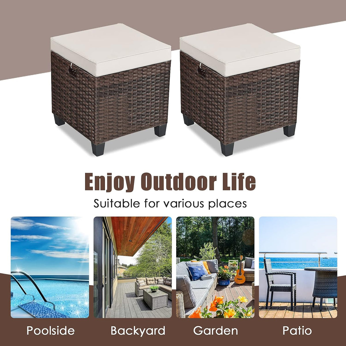 Set of 2 Outdoor Wicker Ottomans, All Weather Rattan Patio Footstool w/Removable Cushions, Patio Rattan Furniture, Extra Footrest Seat for Garden, Patio, Deck, Porch, Poolside (Light Brown)