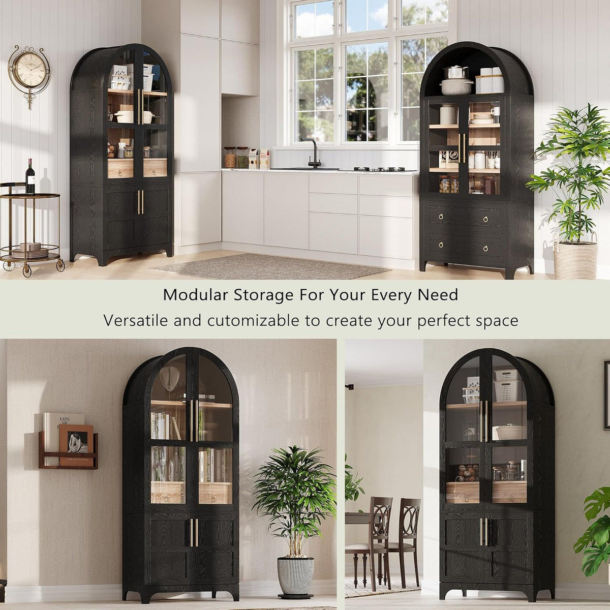 Kitchen Pantry Cabinet, 71" Tall Arched Kitchen Storage Cabinet Wood Farmhouse Kitchen Storage Cabinets with Glass Door, Adjustable Shelves, Hidden Drawer Versatile Cupboard for Kitchen (BLACK)