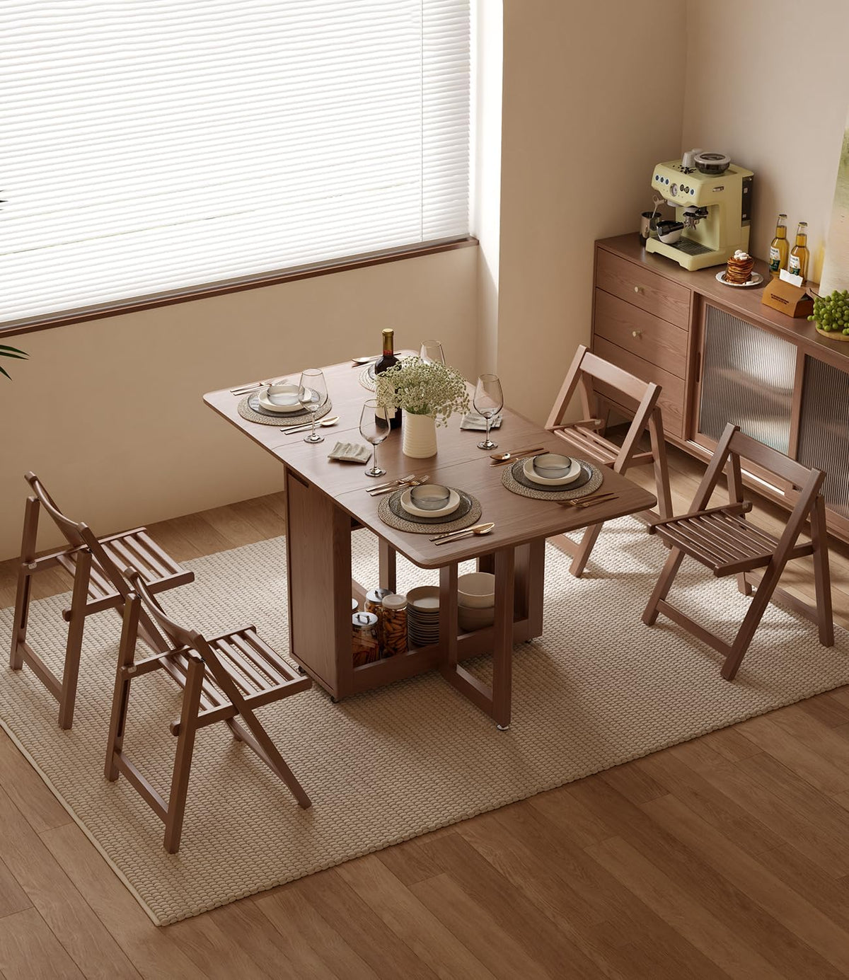 AnywaysWood Folding Dining Table with 4 Foldable Chairs Set, Space Saving Extendable Solid Wood Drop Leaf Table for Kitchen Dining Living Room Small Spaces Simple Assembly