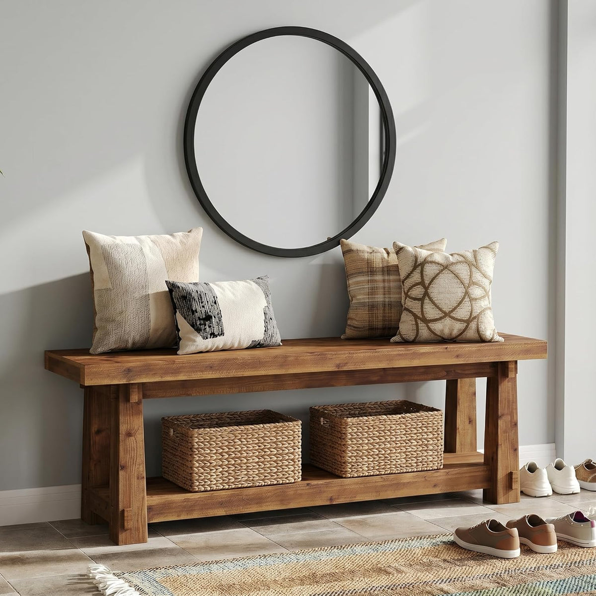 55" Solid Wood Entryway Bench with Shoe Storage, Rustic Wood Grain Shoe Rack Window Bench Seat for Foyer, Hallway, Mudroom, Bedroom, Easy Assembly (Rustic Wood)
