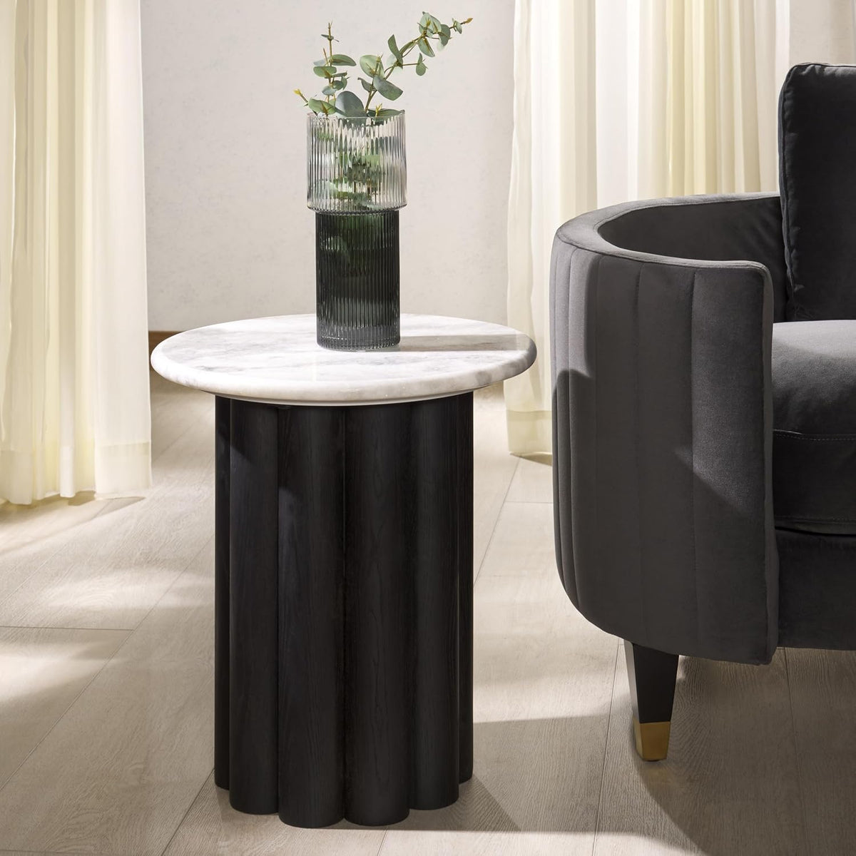 SAFAVIEH Couture Collection - Roxiella Black Solid Wood & Round Marble Top Accent Table, Pedestal Design, Sculptural Modern Side Table (SFV9732B)