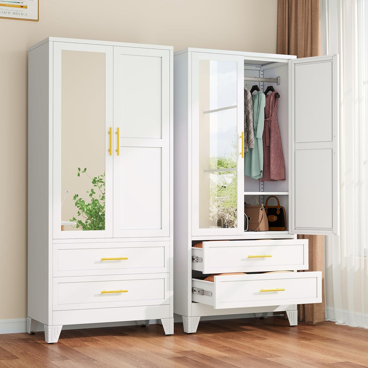 winiowa Metal Armoire Wardrobe Closet with 2 Drawers, 71" Wardrobe Cabinet with Adjustable Shelves and Hanging Rod, Clothing Storage Cabinet Closet with Mirror for Bedroom-White
