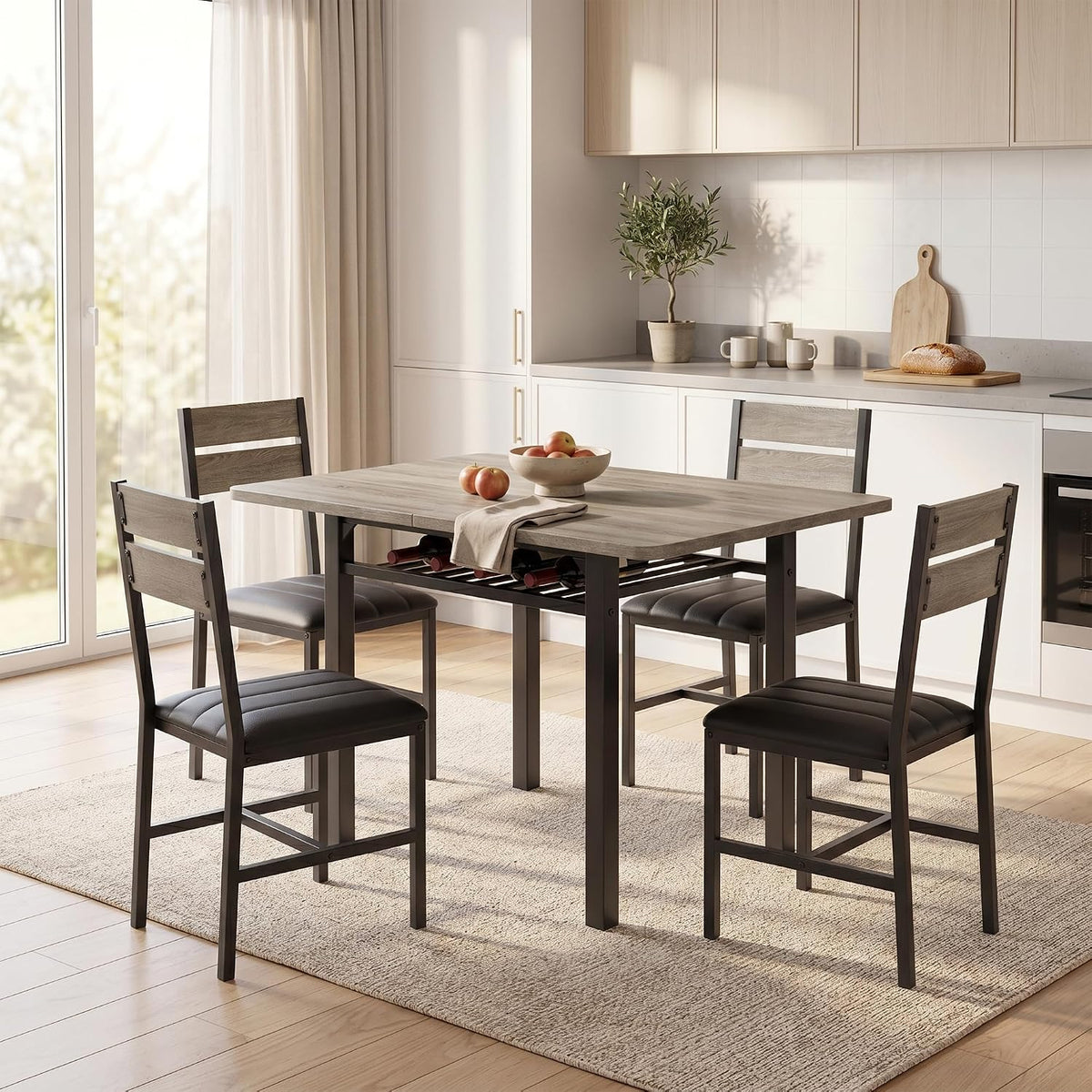MapleGrace Extendable Dining Table Set for 4 with Storage Rack, 5-Piece Kitchen Table with 4 Upholstered Chairs, Metal Frame & MDF Board, Space-Saving for Small Apartment, Gray