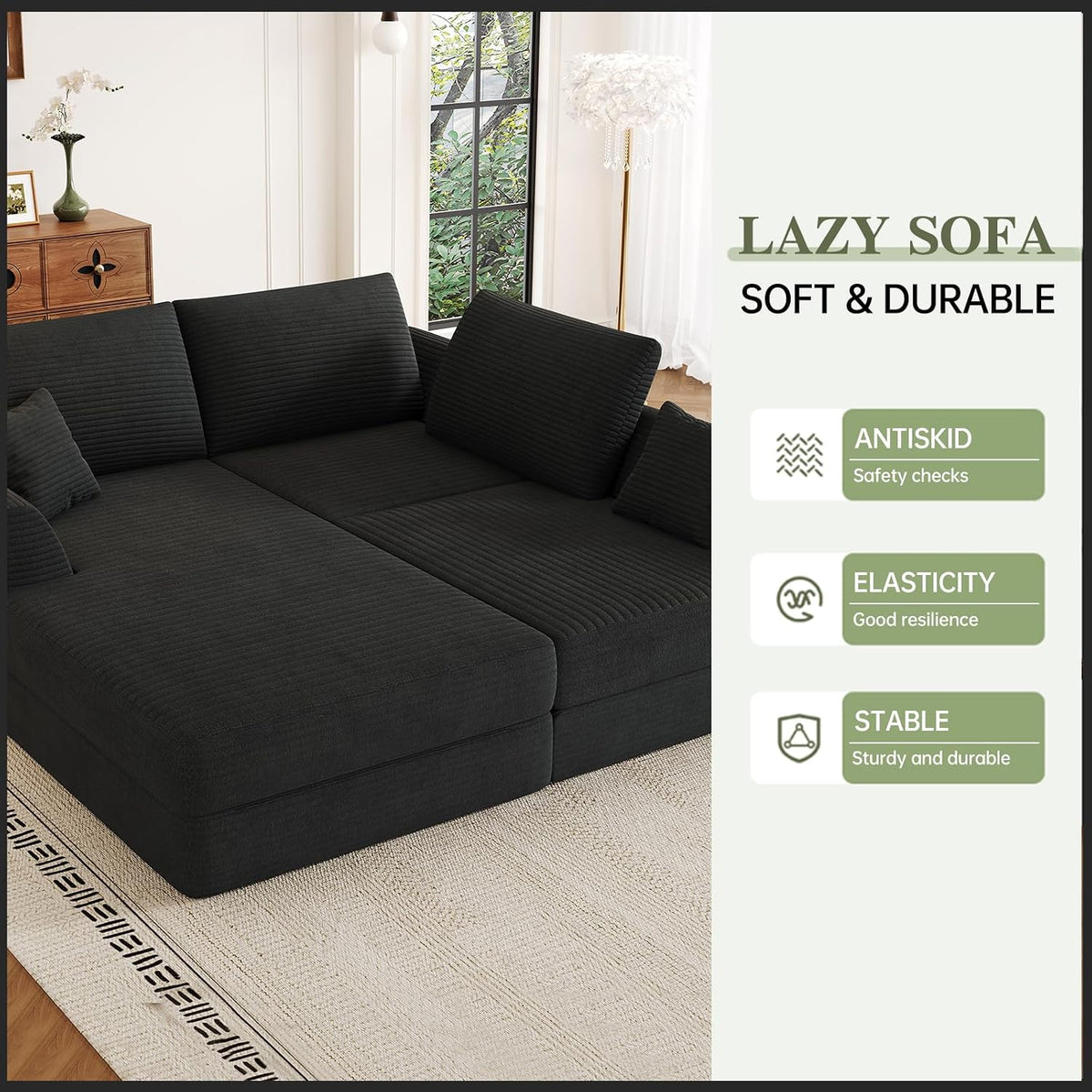 106" Modular Sectional Sofa with Deep Seat, L-Shaped Corduroy Couch with Reversible Chaise, 3-Piece Set for Living Room Bedroom Apartment, No Assembly Required
