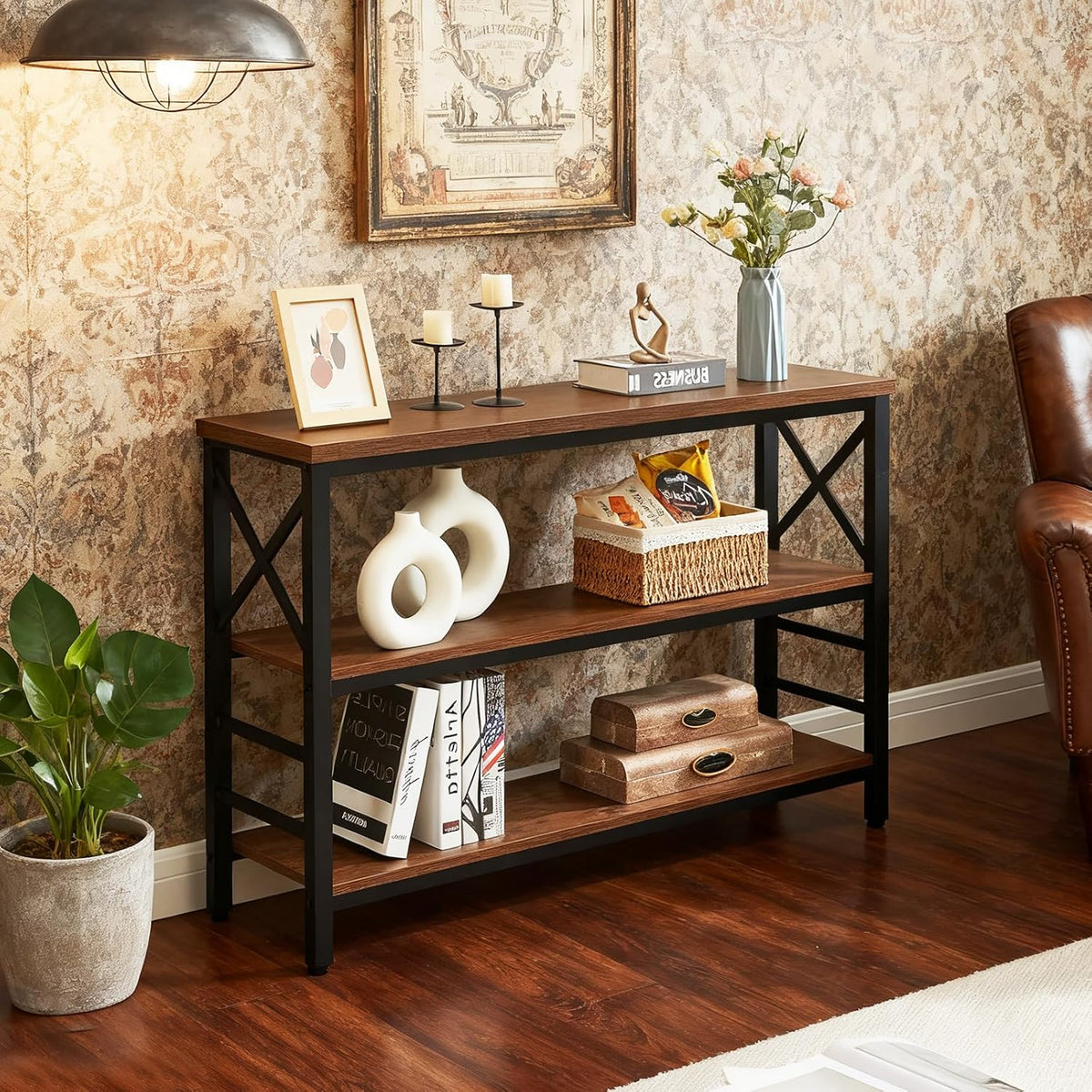 Hombazzar 3-Tier Sofa Table,Console Tables for Entryway,Brown 47" | Stable Support,Multi-functional use for home,Easy Assembly,Scratch Resistant & Rustproof