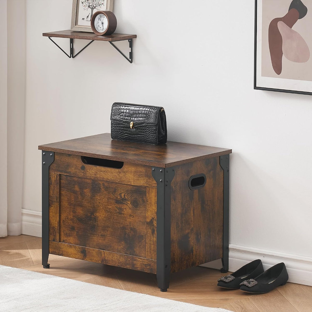 GAOMON 23.6" Storage Chest, Storage Bench with Safety Hinge | Farmhouse Style Wooden Trunk Chest for Entryway, Bedroom, Living Room, Rustic Brown