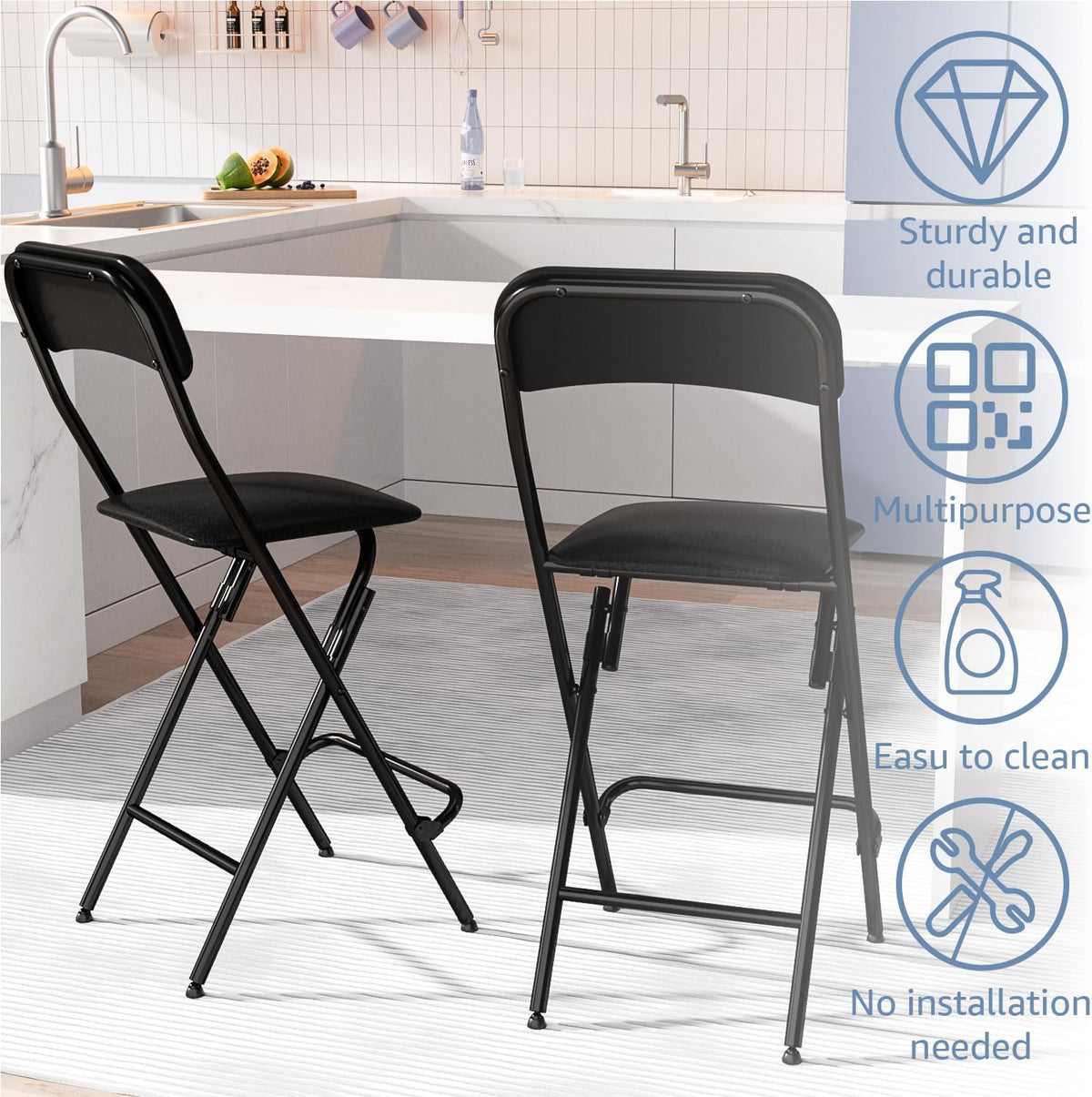 Folding Bar Stool with Back, 300lb Capacity, Collapsible Stool for Kitchen Bar, Height 25"- 2PC