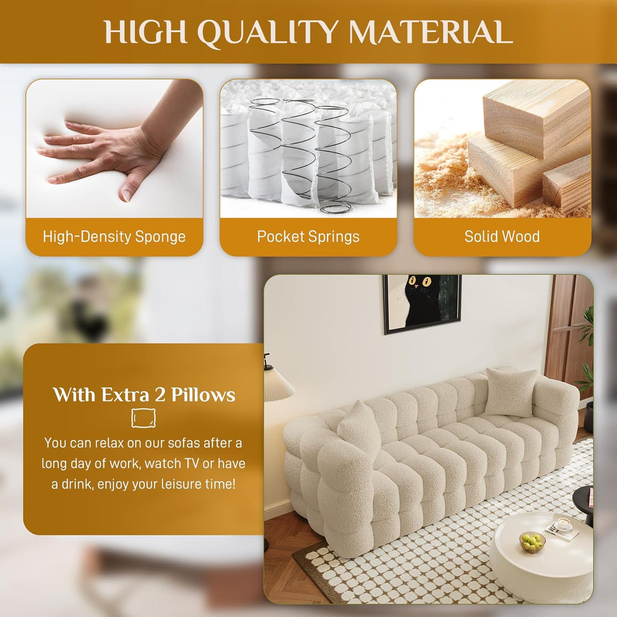 Wrofly Boucle Sofa Couch, 74.8" Comfy Upholstered Sherpa Sofa, Tufted Cozy 3-Seater Deep Seat Cloud Couch, Modern Oversized Loveseat with 2 Pillows for Living Room Apartment Office, Light Brown
