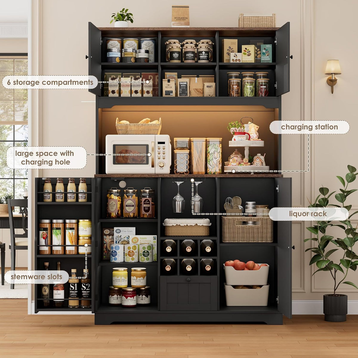 FINETONES 71" Kitchen Pantry Cabinet with LED Light and Charging Station | 71" Pantry Cabinet with Microwave Stand, Kitchen Hutch Food Storage Cabinet with Outlet and Wine Racks, Black