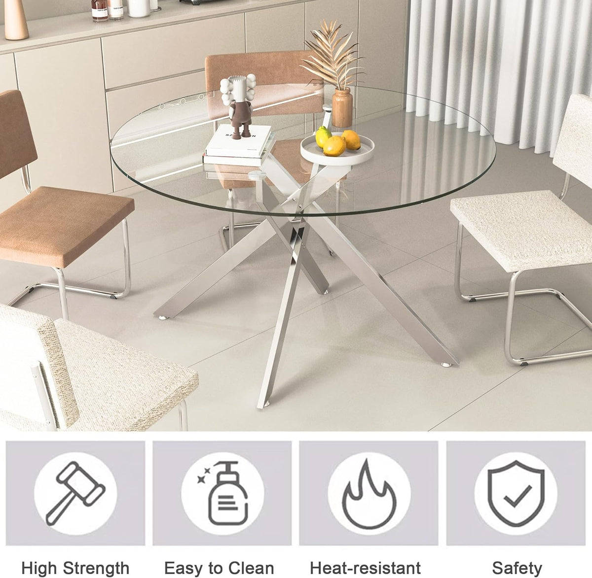7-Piece Round Glass Dining Table Set for 6, 47" Circle Kitchen Table with 6 Black Velvet Chairs Modern Silver Glass Dining Room Table Set for 6 with Steel Leg Chair