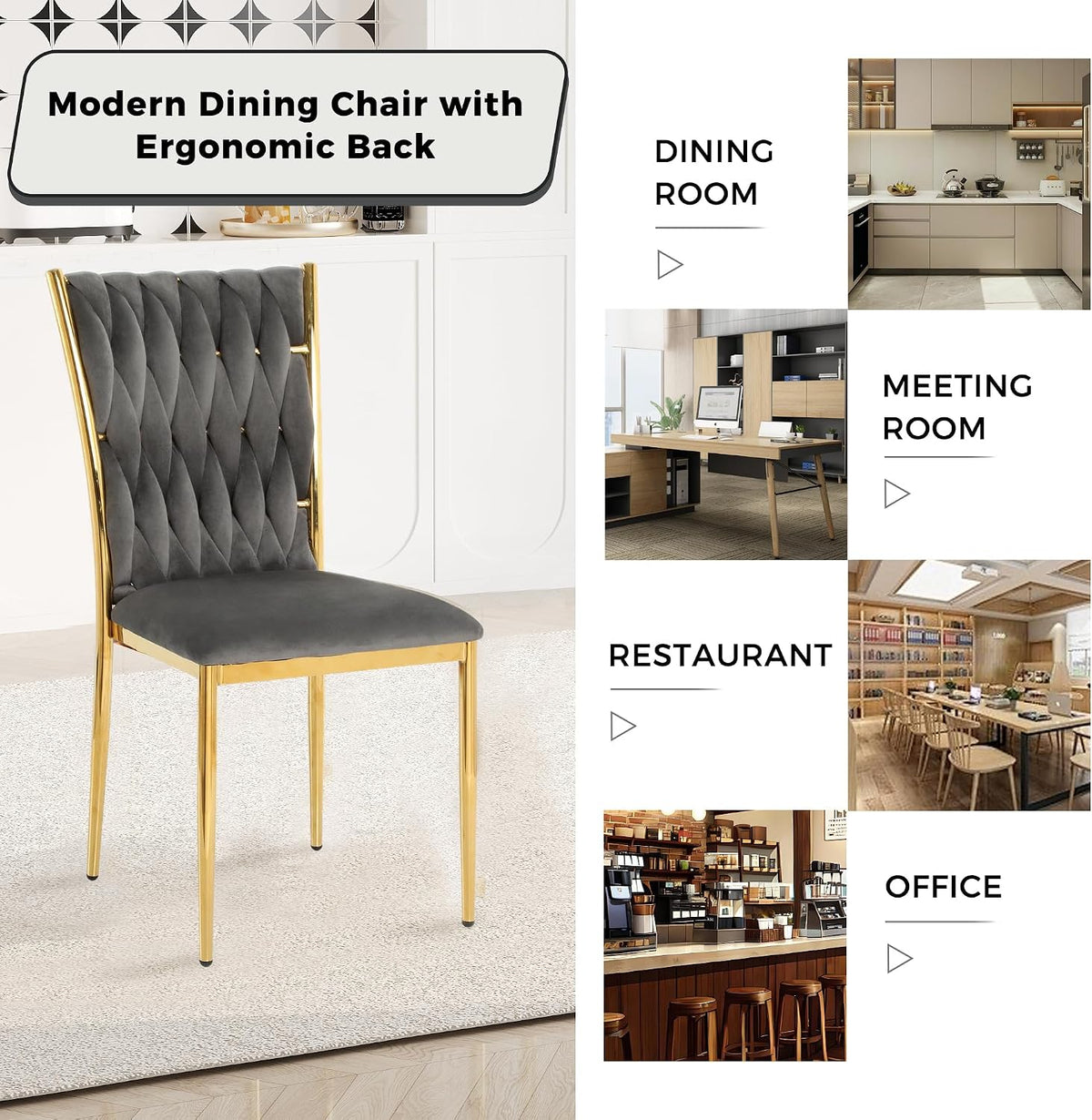 Velvet Dining Chairs Set of 4, Modern Woven Kitchen Chairs with Gold Metal Legs, Upholstered Cushion with High Back, Dirt Resistance, Easy to Install, for Living Room, Dining Room - Dark Grey