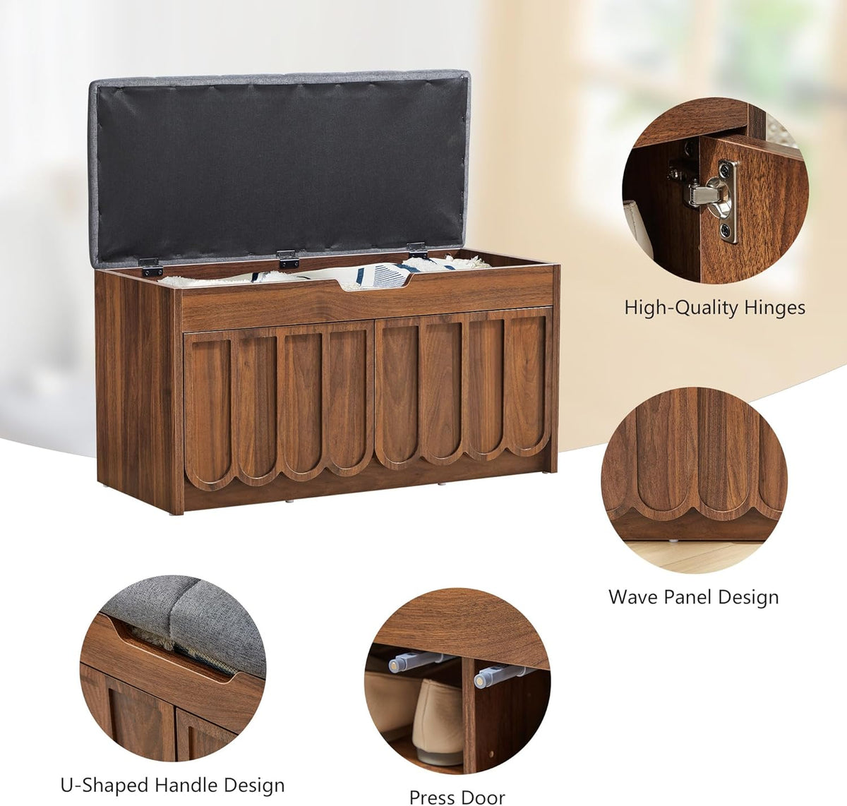 ORRD Shoe Storage Bench with Cushion, Entryway Shoe Cabinet Bench with 2 Scalloped Doors & Adjustable Shelf, 2-Tier Shoe Rack Organizer Cabine for Entryway, Hallway, Living Room (Walnut)