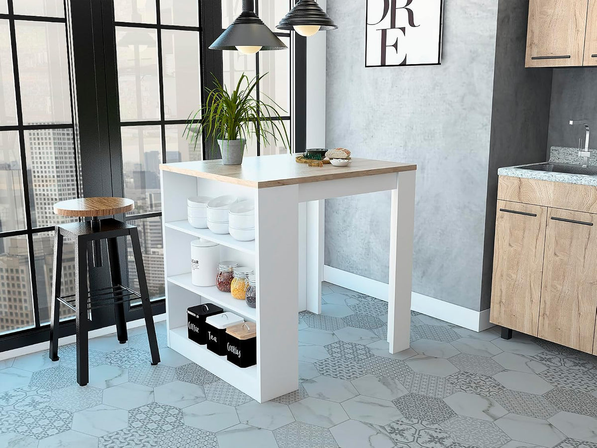 Kitchen Island with Three Drawers and Concealed Storage | Three open shelves for storage or decor display