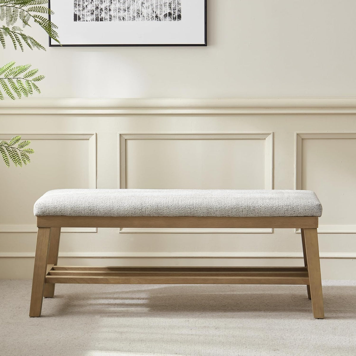 VKNOW Entryway Bench, 44.4" Upholstered Shoe Storage Bench for Entryway & Bedroom, Shoe Bench with Rubberwood Legs, Modern End of Bed Storage Bench for Living Room and Hallway, Beige