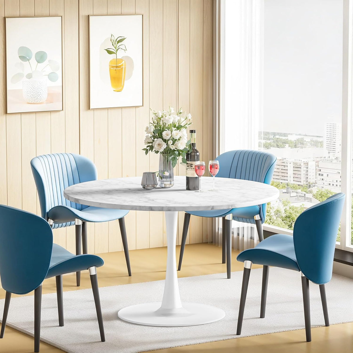 DKLGG White Marble Round Dining Table, 39.1" Tulip Kitchen Dining Table for 4-5 People with MDF Table Top & Pedestal Base, Mid-Century End Living Room Table