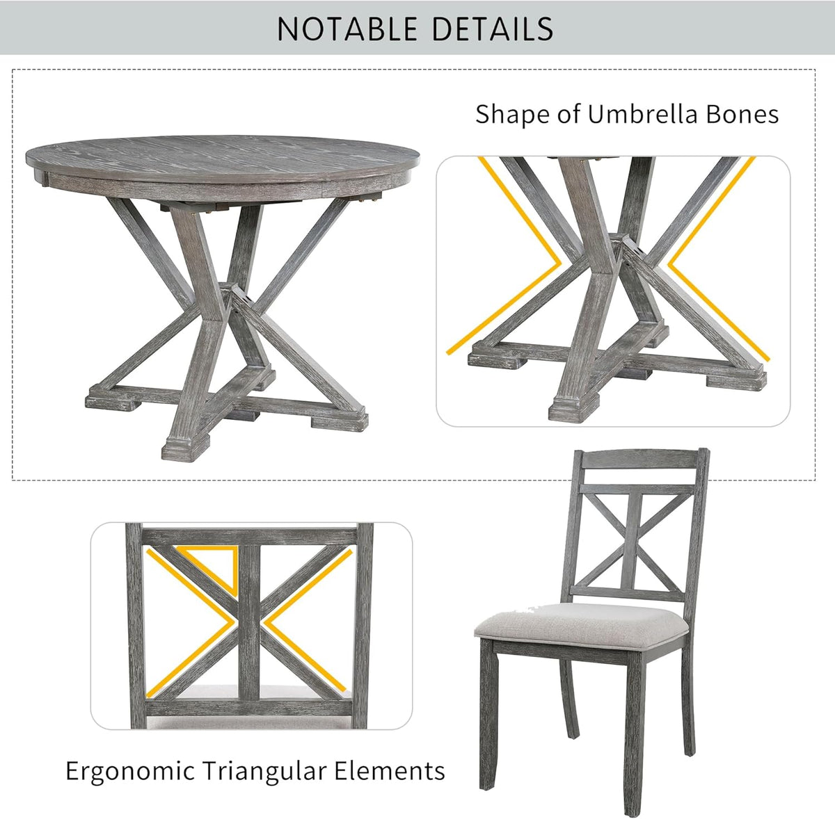 Merax Extendable Round Dining Table Set for 4, Farmhouse Kitchen Table Set with 4 Upholstered Chairs for Kitchen, Dining Room, Living Room, Grey