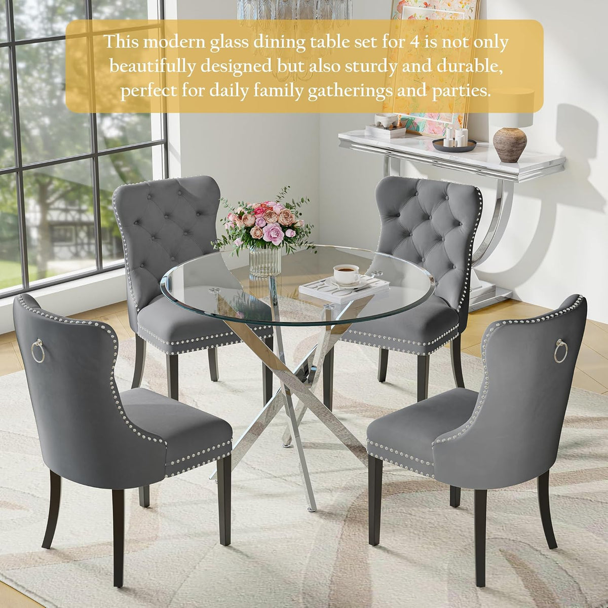 Round Glass Dining Table Set for 4, Modern 36 Inch Glass Kitchen Table with Silver Stainless Steel Legs and 4 Grey Velvet Chairs, for Dining Room, Apartment, Small Space