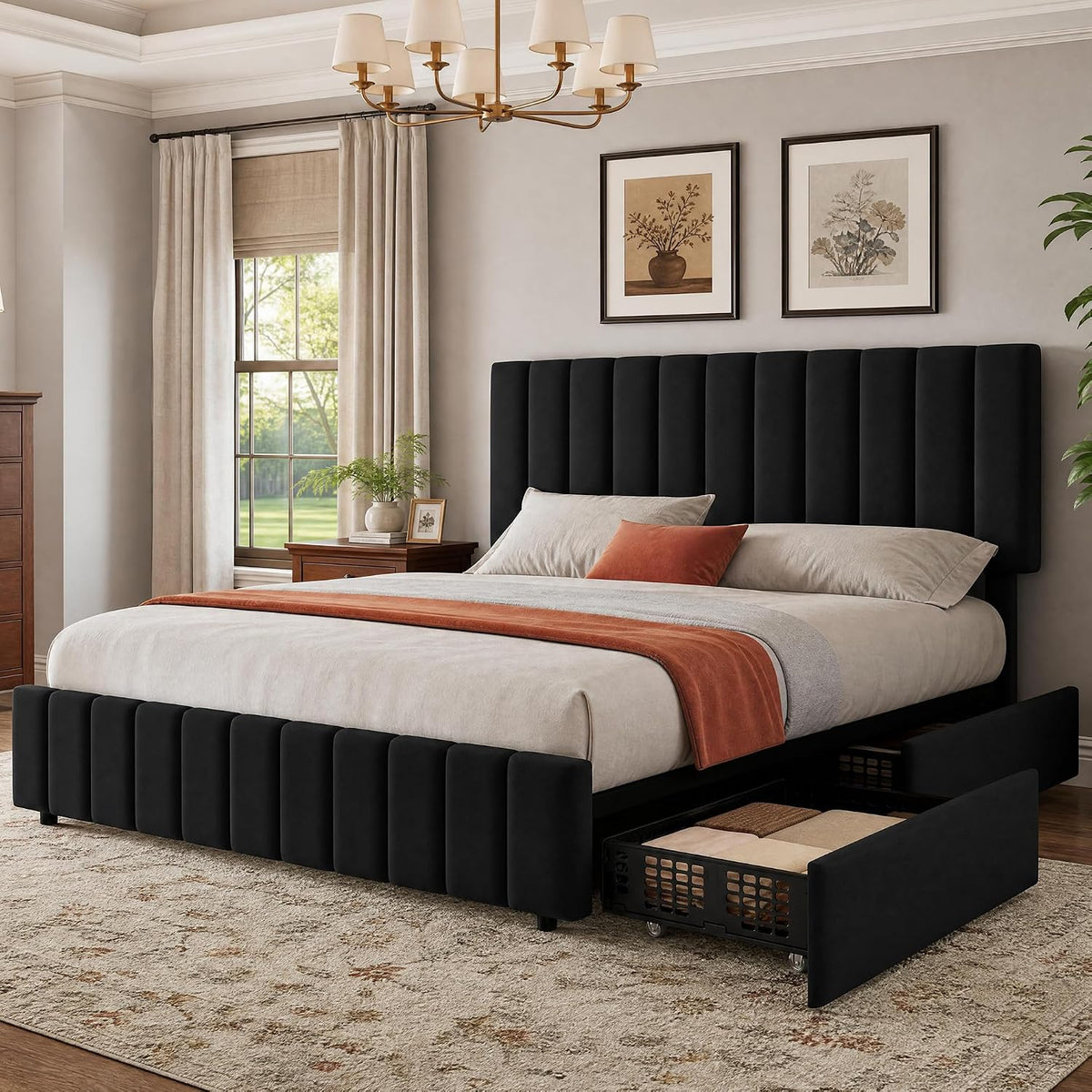 Garvee Full Size Bed Frame, Linen Bed Frame with 4 Storage Drawers, Black
