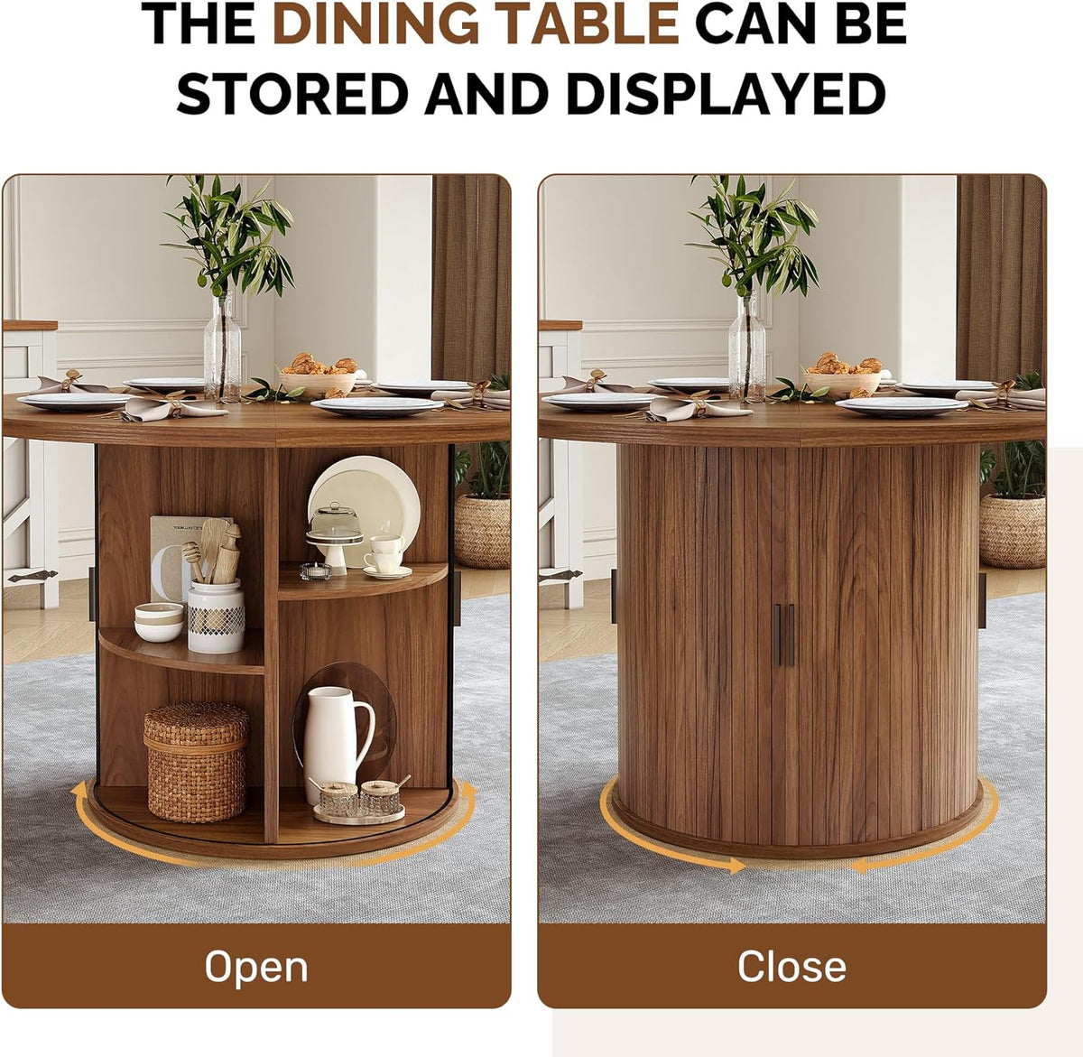 Miereirl Modern 5-Piece Dining Set for 4，47.24" Round Wooden Table with Semi-Open Storage Rack & Siding Door, Paired wth High-End Fabric Chairs -Warm Home Dining Room Combination