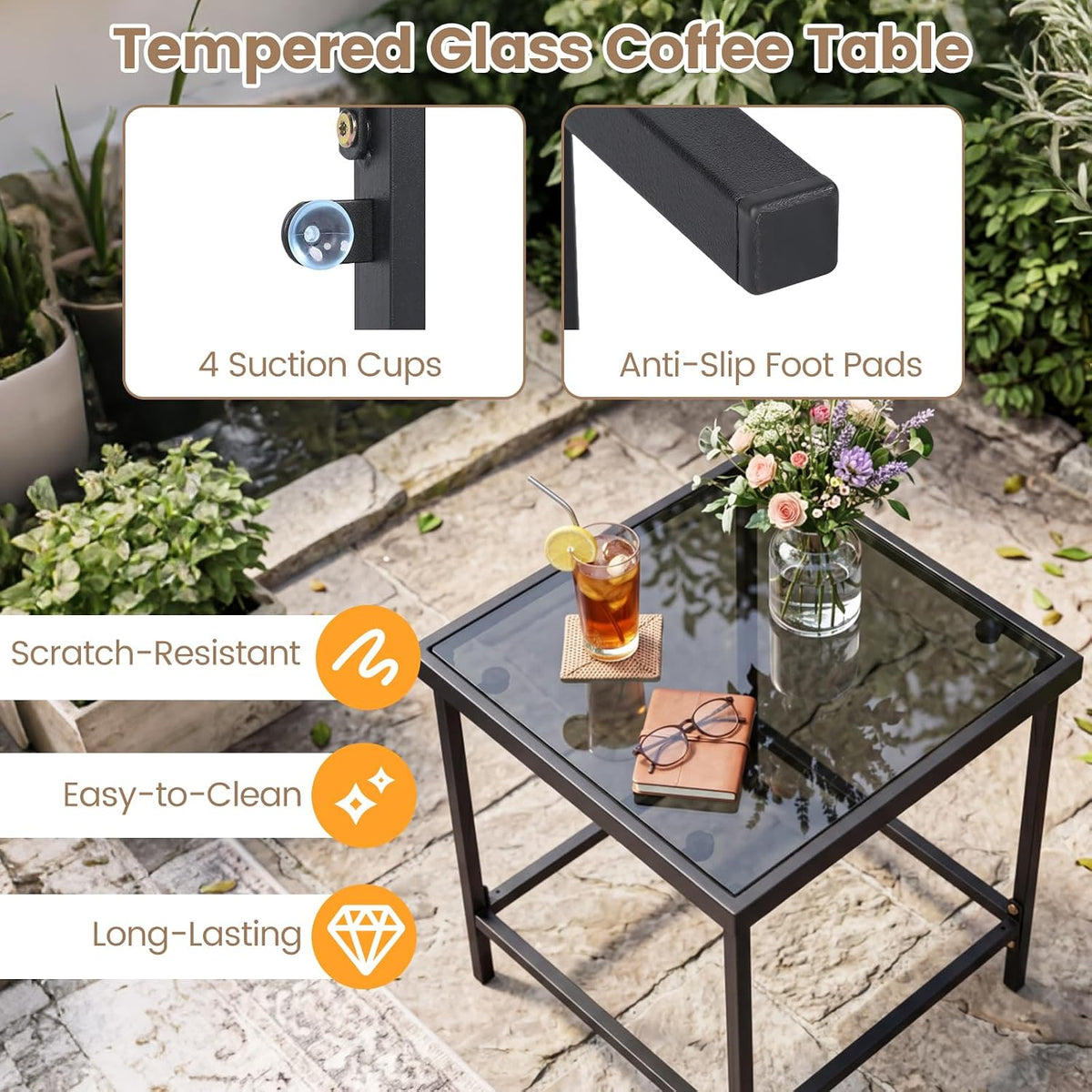 Tangkula 3 Pieces Outdoor Rocking Chairs Set, Rattan Heavy Duty Cushioned Rocker Chairs with Cushions, Pillows, Tempered Glass Table, Metal Frame for Garden, Balcony, Backyard (Black)