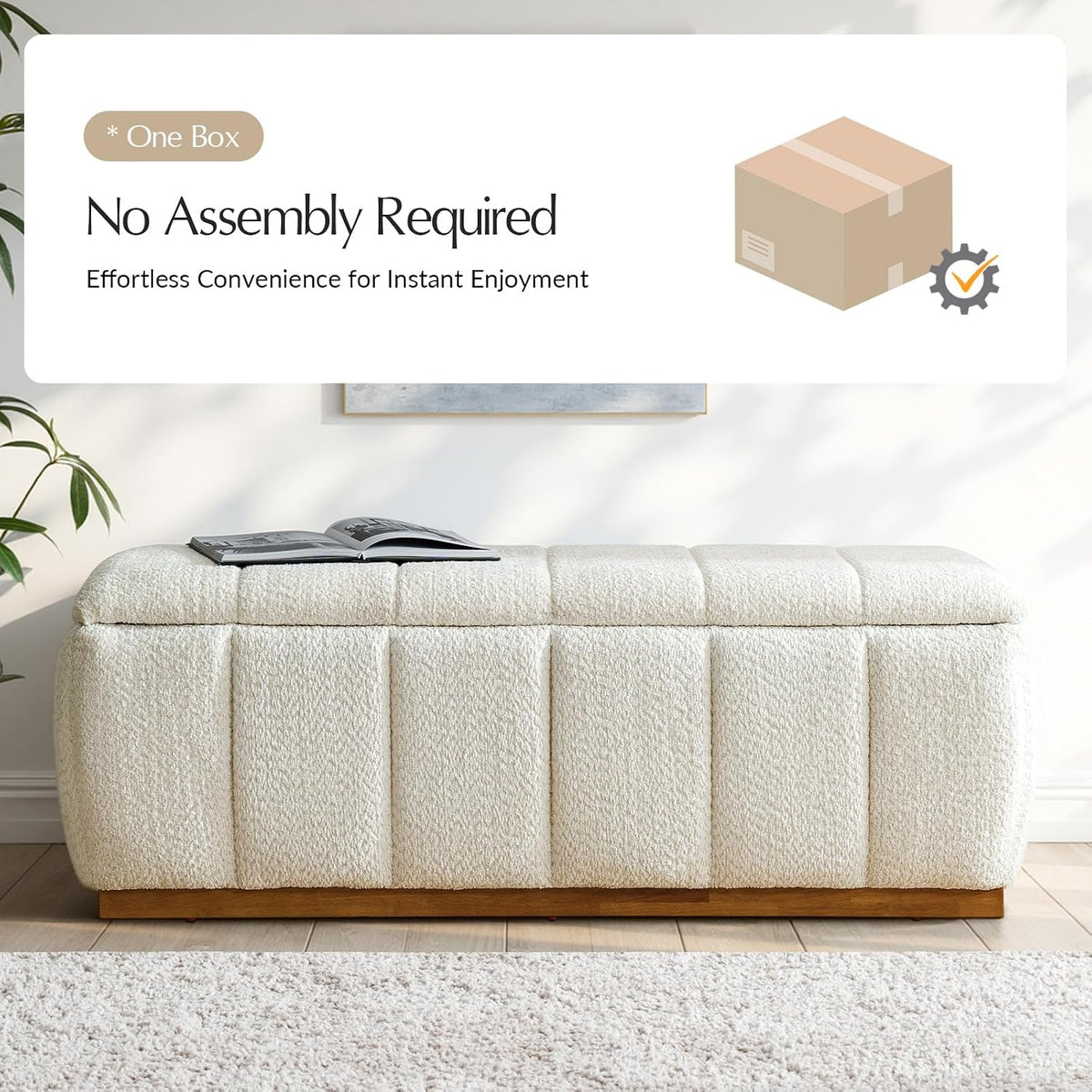 HULALA HOME Storage Bench with Solid Wood Base, Chenille End of Bed Bench for Bedroom, Living Room, Entryway, No Assembly, Beige