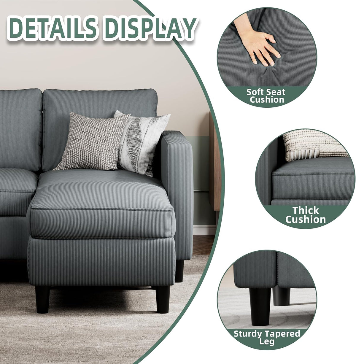 SUNLEI L-Shaped Sectional Couch, Modern Grey Reversible Sectional Sofa with Reversible Ottoman, 3-Seat Sectional Couches for Living Room and Apartment, Grey