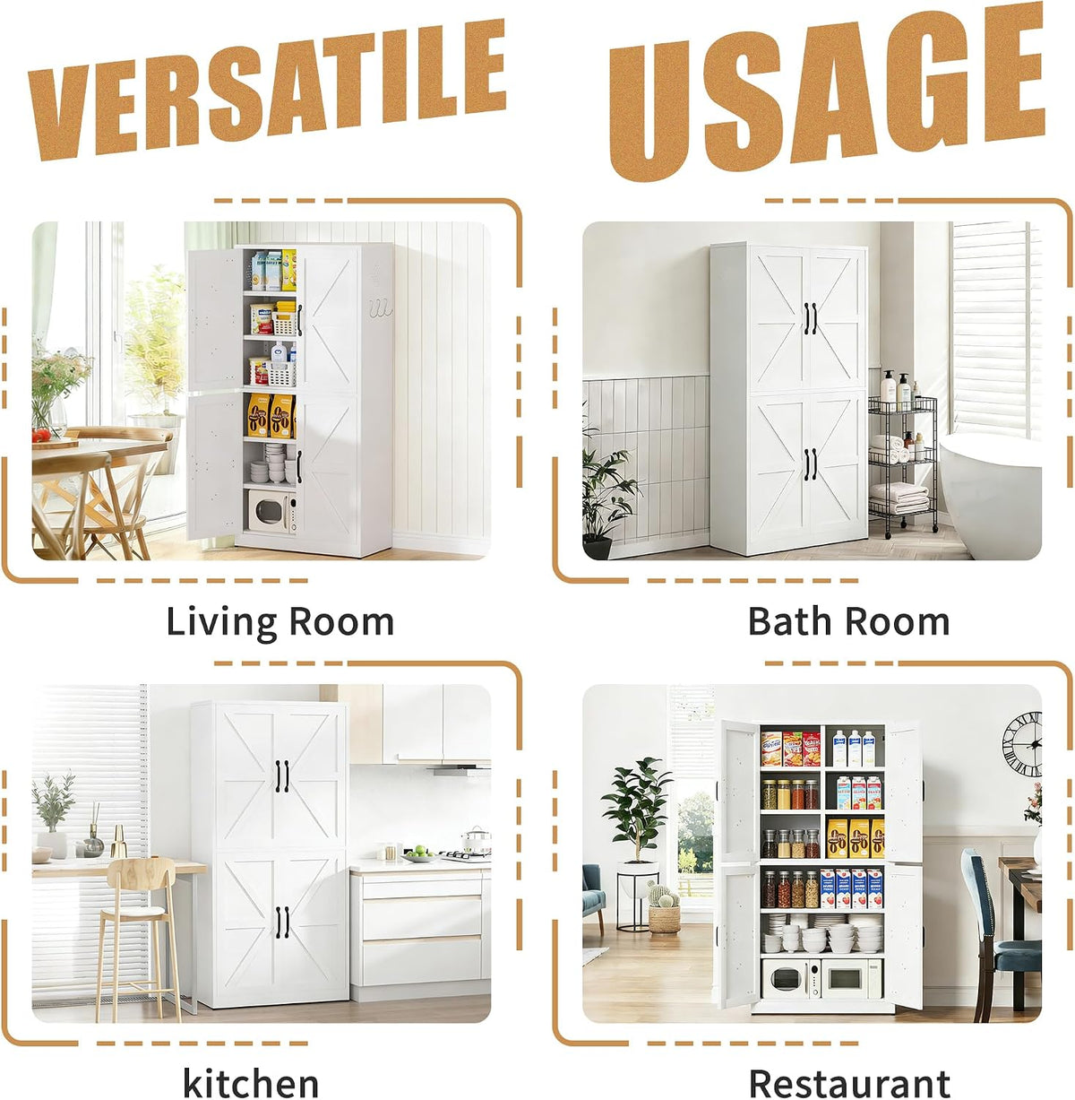 White Steel Kitchen Pantry Storage Cabinet with Adjustable Shelves, Heavy Duty Country Style Metal Storage Cabinet for Kitchen Bathroom Living Room