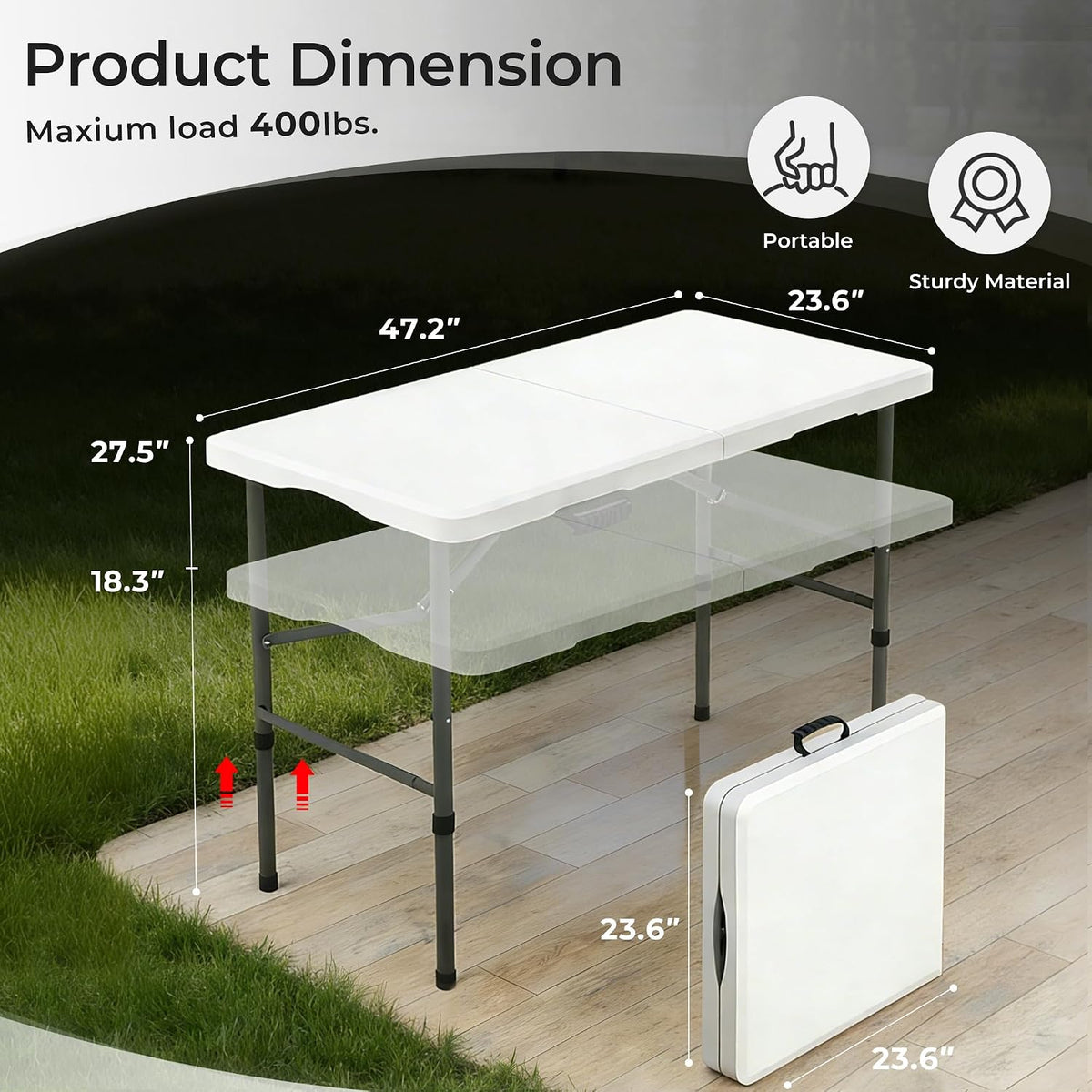 4FT Folding Table, Heavy Duty 400LBS-White | Portable, rust-proof metal frame For Working Meeting Parties Picnic Camping wedding indoor & outdoor use, easy fold & carry