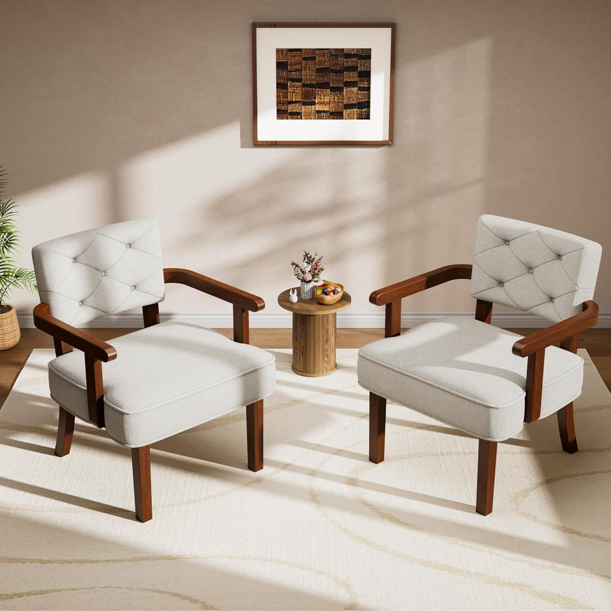 Versatile Accent Chair for Bedroom, Mid Century Modern Arm Chair, Butacas para Sala, Upholstered Wooden Chairs with Arm Rest, Tufted Backrest,Cushion, for Office, Living Room, Reading, Beige