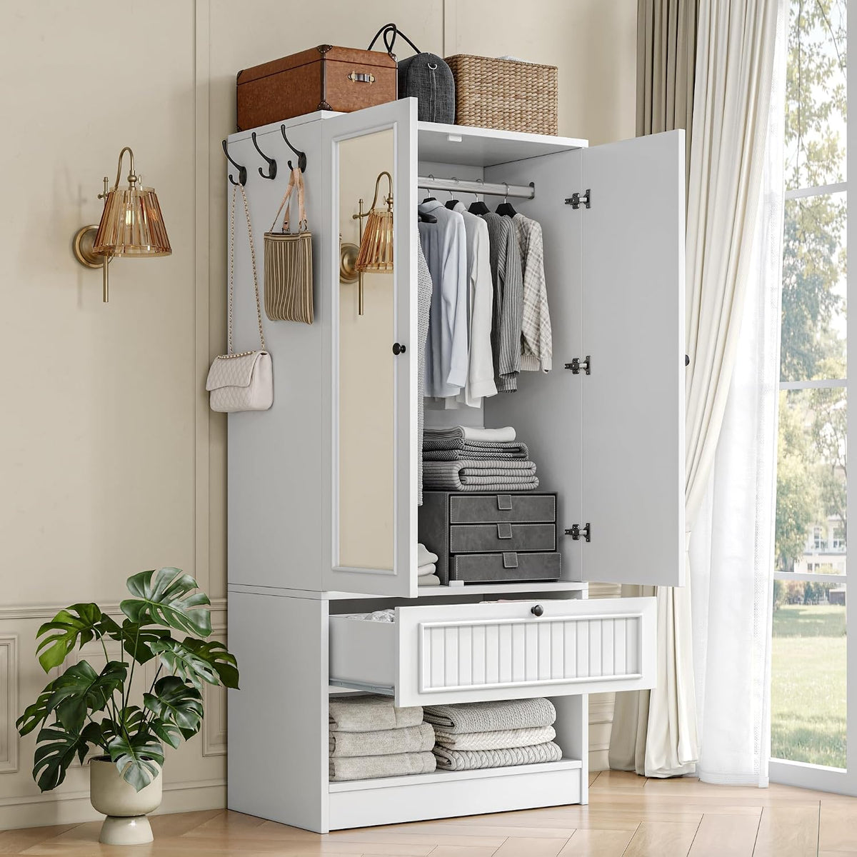 Feonase Armoire Wardrobe Cabinet with Mirror and Drawer, 70" 2-Door Wooden Closet Organizer for Bedroom Storage, White
