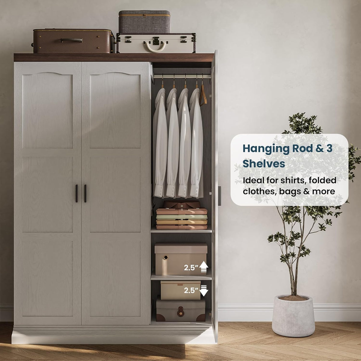 ANCTOR 3 Door Armoire Wardrobe Closet with Mirror, Large Wardrobe Closet with Doors, White Armoire for Bedroom with Hanging Rods & Shelves for Long Clothing, Short Clothing and Stacking, Modern