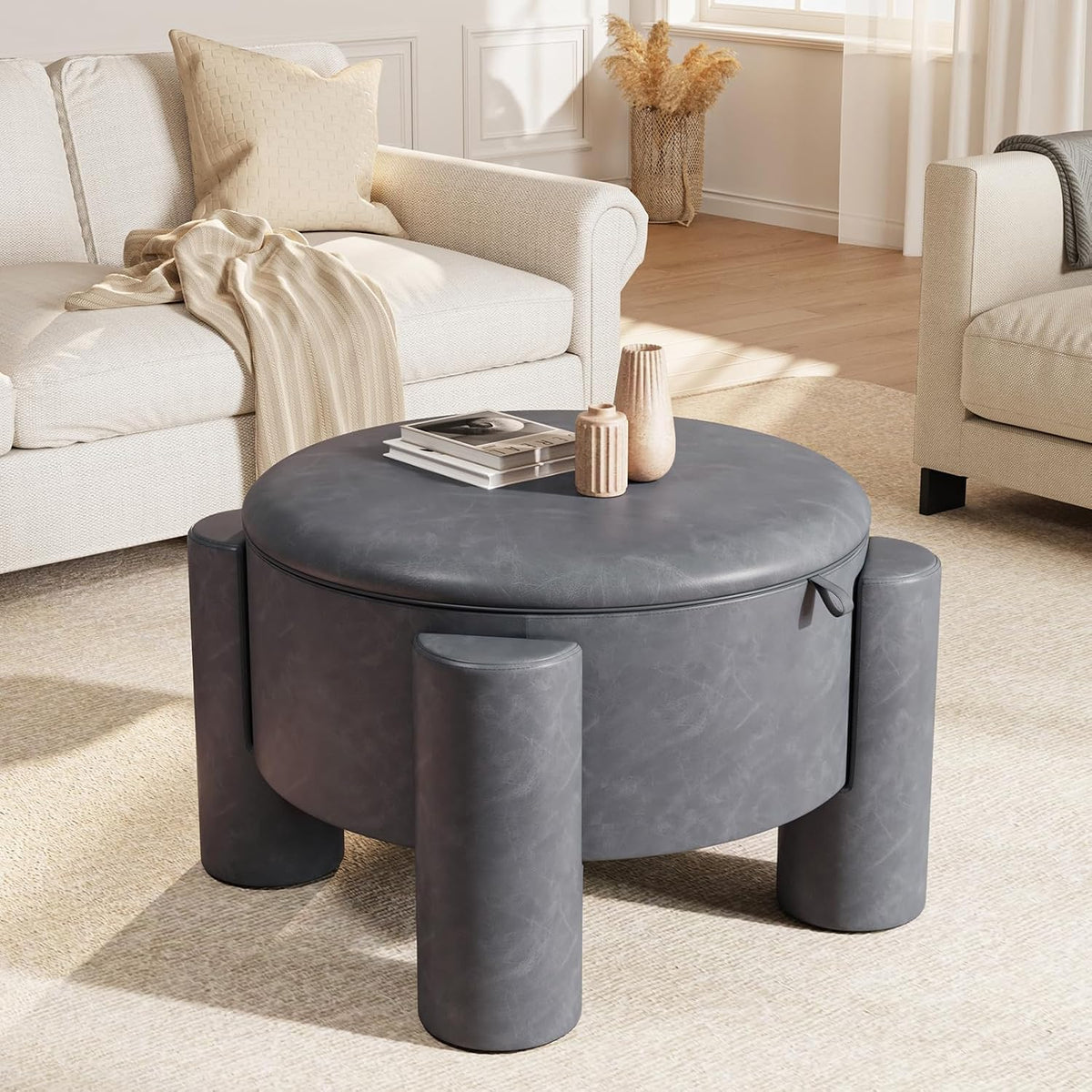 FiveWillowise 24 Inch Round Small Ottoman with Storage,Faux Leather | 24" Coffee Table,Storage Ottomans with Removable Top,Upholstered Vanity Stool for Small Spaces,Living Room,Apartment,Grey