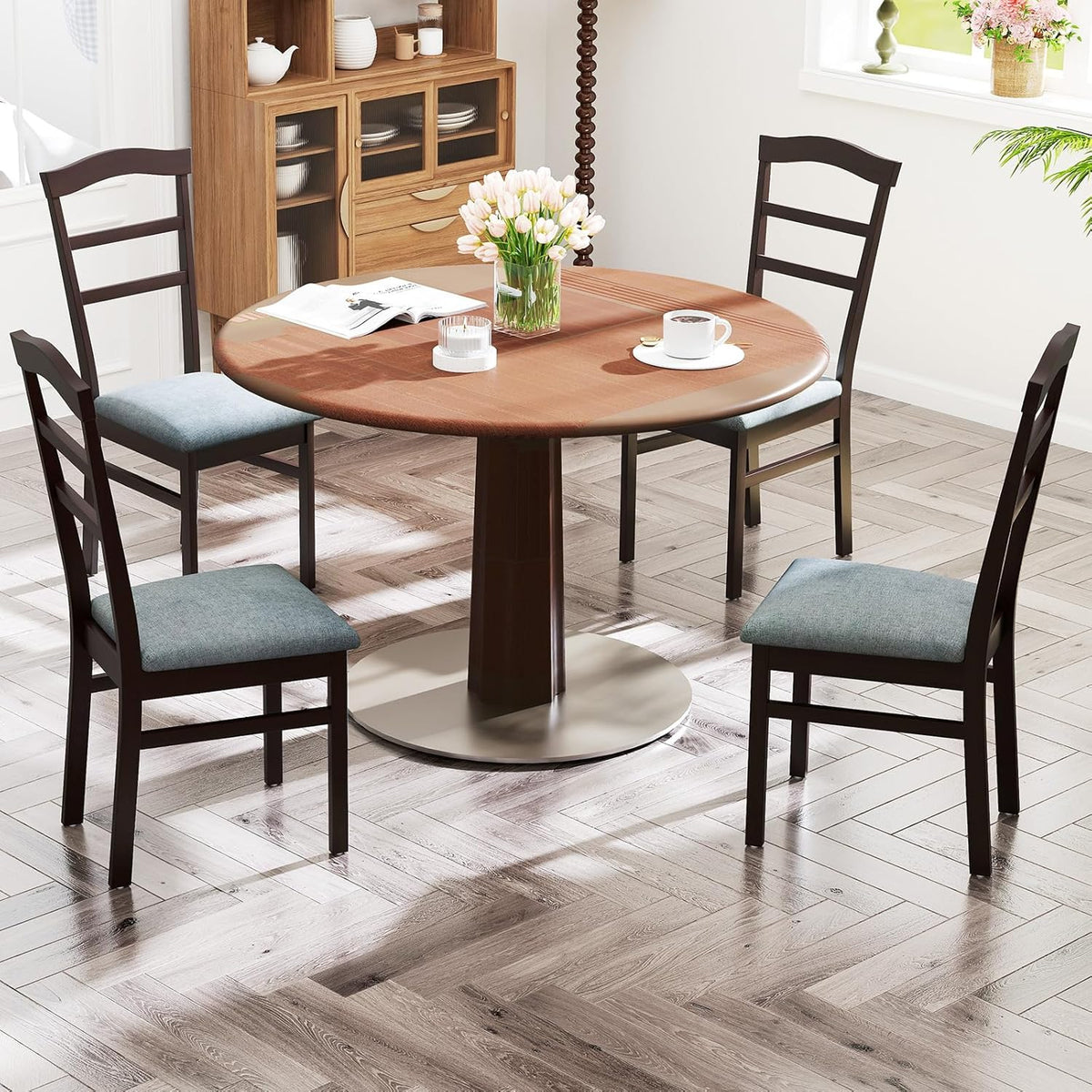 Giantex Wooden Dining Chairs Set of 4, Upholstered Kitchen Chair w/Rubber Wood Frame, Linen Fabric Padded Seat, High Curved Back, Farmhouse Accent Side Chairs for Dining Room Living Room