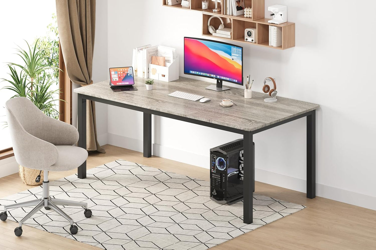 71" Large Industrial Dining Table, Rectangular Wooden Table with Sturdy Metal Legs & Rounded Edges, Kitchen, Living Room or Writing Desk,1.8m(Grey & Black Leg)
