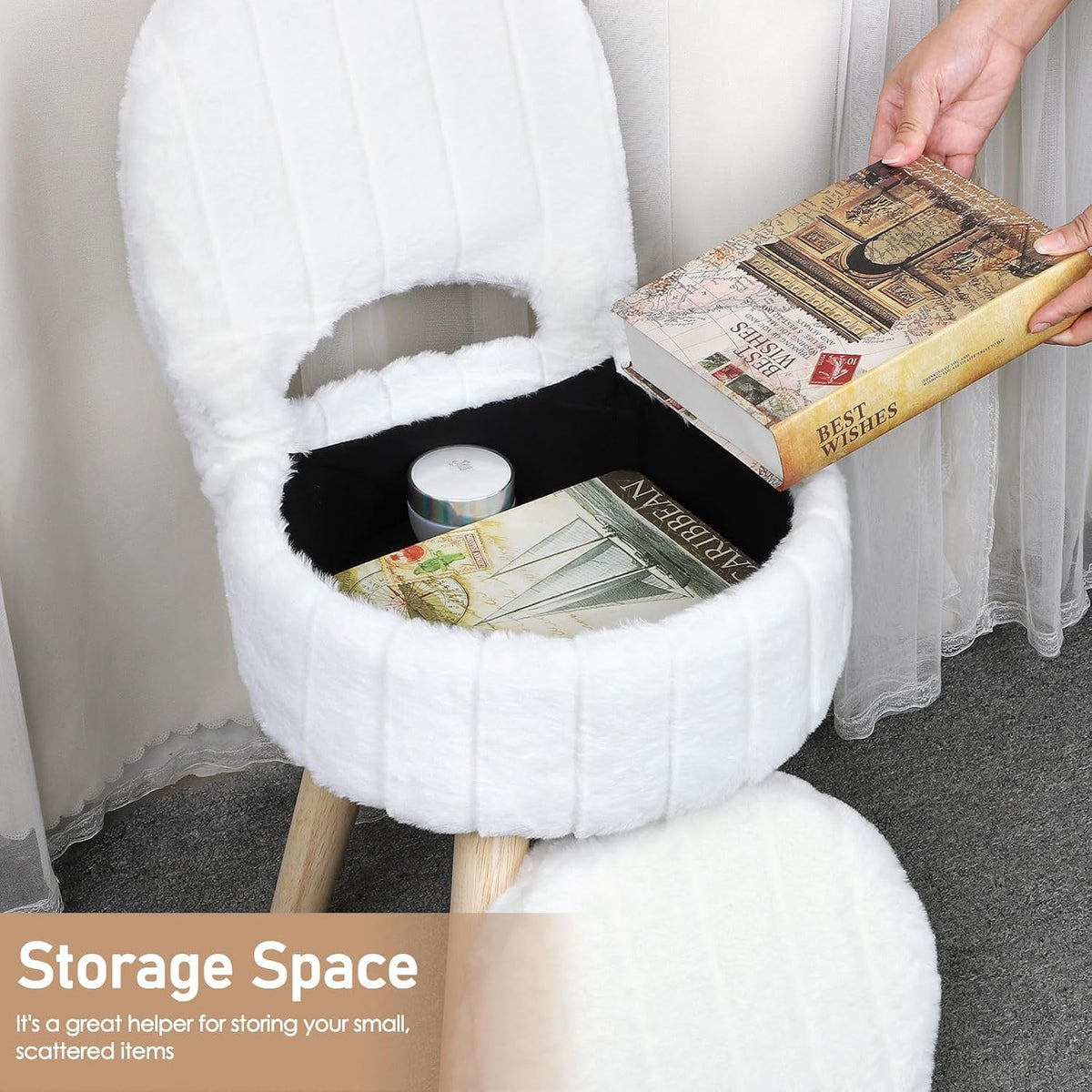 Small Vanity Stool Chair with Storage & Folding Back, Faux Rabbit Fur Soft Padded Seat Ottoman, 4 Solid Wood Legs Anti-Slip Feet, Stool for Vanity Desk for Makeuproom, Bedroom 12.9”x11.8”x27.9”（White）