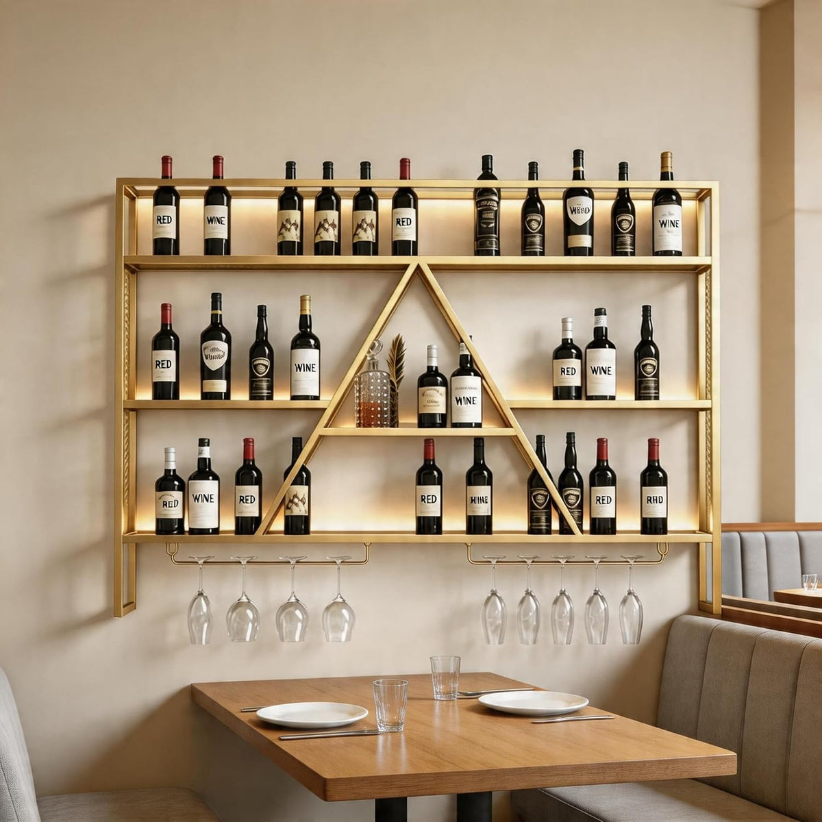 SEIFE Wall Mounted Bar Shelves with LED Lights, 3-Tier Industrial Metal Liquor Bottle Display Shelf with Wine Glass Rack, Floating Bar Cabinet for Home, Kitchen, Living Room(Gold,39.3in/100cm)