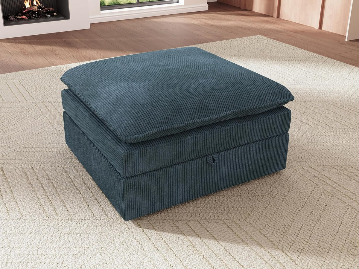 HONBAY Corduroy Ottoman, 31.5 Inch Square Ottoman Bench with Storage for Living Room, Blue