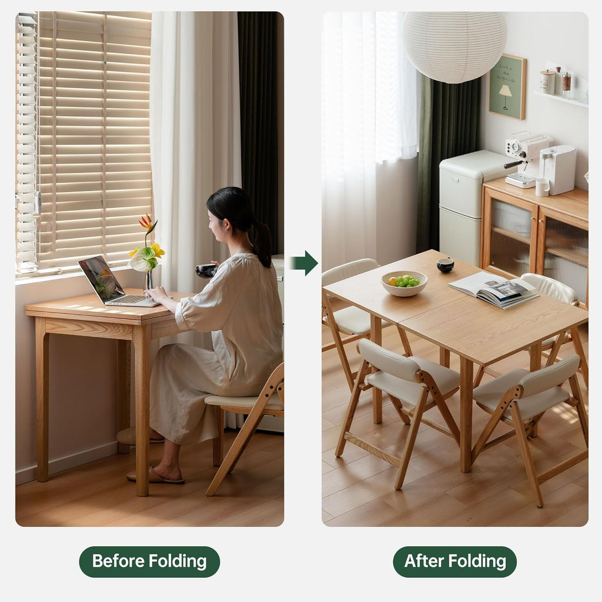 31"-47" Foldable Dining Table and Chairs Set for 4, Solid Wood Extendable Kitchen Table with Oak Wood Legs, Space-Saving Dinner Tables for Living Room, Kitchen(Original, 1table+4cushion chairs-YA)