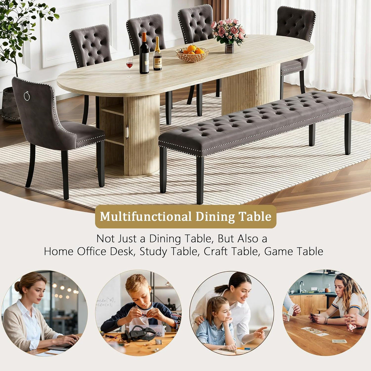 63"-94" Large Oval Extendable Dining Table for 6 8 10, Faux Travertine Expandable Kitchen Table with 2 Storage Base & Sliding Doors, Modern Farmhouse Dining Table for Dinner Party Family Gathering