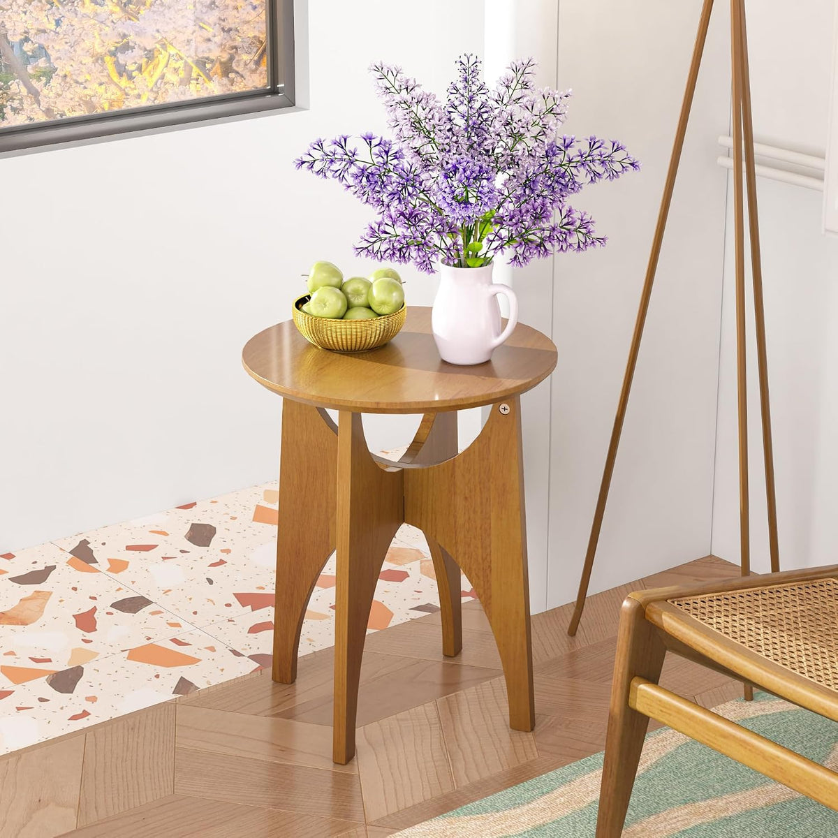 Round Side Table Living Room, Solid Wood End Table, Mid Century Modern Small Coffee Side Tables for Small Spaces, Farmhouse Accent Tables, Round Nightstand for Living Room, Bedroom Office, Walnut
