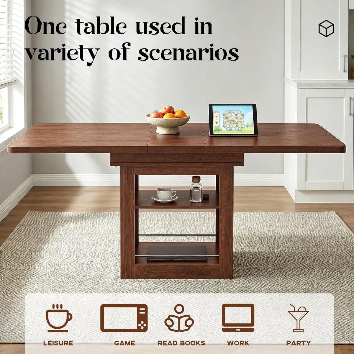 Extendable Dining Table Set for 6, Modern 7-Piece Kitchen Table and Chairs with Storage Shelves, 59" to 71" Adjustable, Space-Saving Rectangular Dining table Set, for Kitchen, Living Room & Office