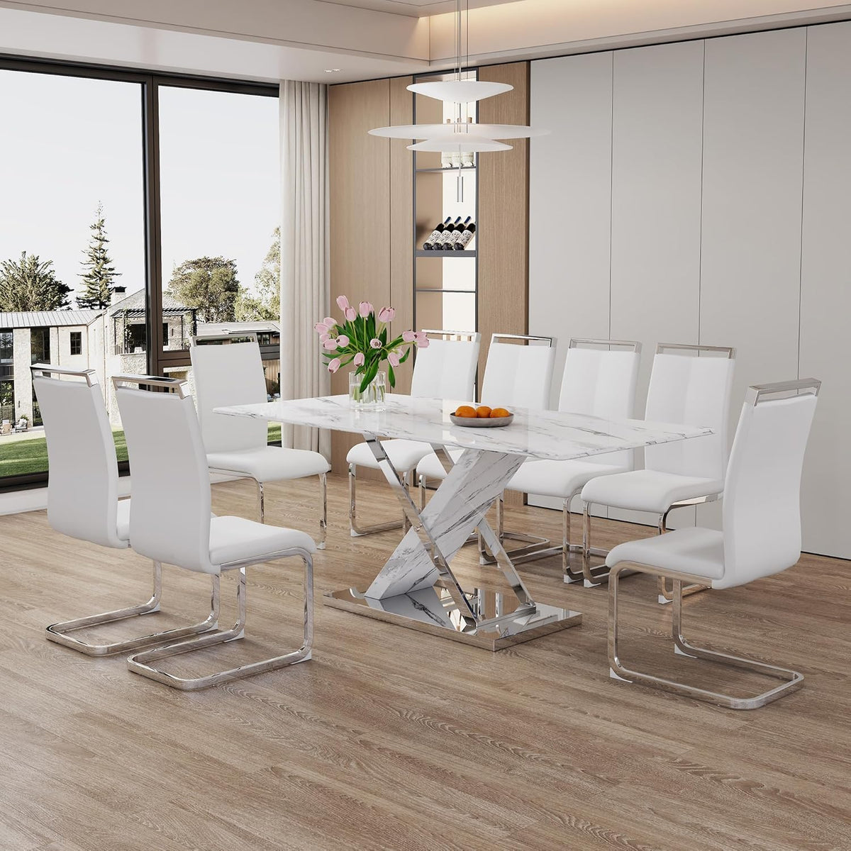 YUNDREAM Modern Marble Dining Table Set for 8,White Sliver 71''Dining Room Table with Chrome Plated XShaped Frame and Gray Leather Dining Chairs,Easy Assemble,Kitchen Table and Chairs for Dining Room