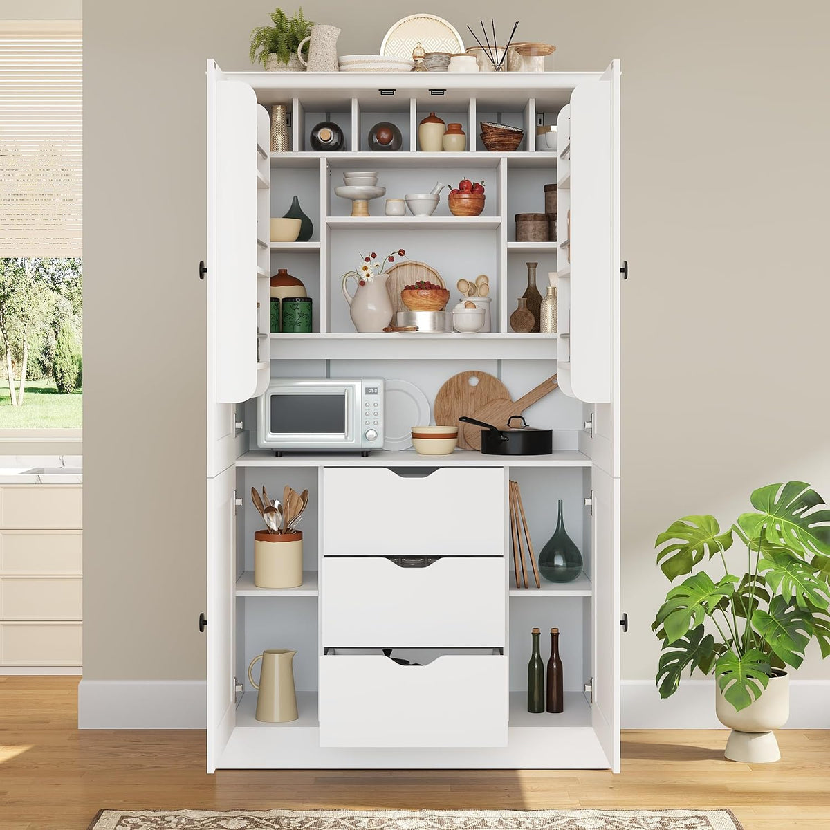 70.9" Tall Kitchen Pantry Cabinet with 4 Doors 3 Drawers 6 Wine Racks & Removable Shelves, Freestanding Storage Cabinets with Built-in Workstation for Kitchen Dining Room Living Room(White)