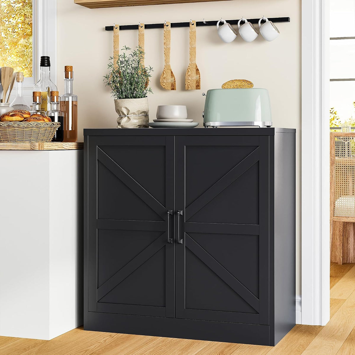36" Metal Storage Cabinet, Farmhouse Kitchen Pantry Cabinet with Doors and Adjustable Shelves, Sideboard Buffet Cabinet,Short Storage Cabinets for Dining/Bathroom/Living/Room,Entryway, Black