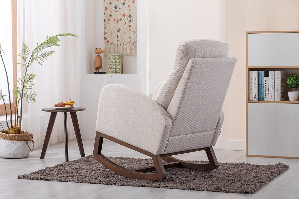 Rocking Chair,Nursing Chairs with Foot Rest for Mom, Rocker Glider Chair with High Backrest for Living Room, Bedroom, Upholstered Lounge Chair with Solid Wood Base for Relaxin (Beige)
