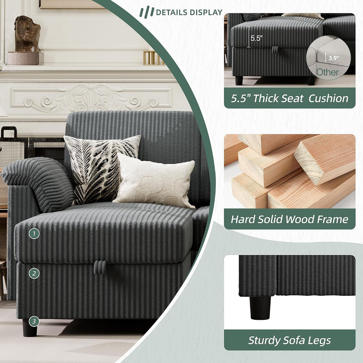Vongrasig 79" Convertible Sectional Couches Sofa with Storage Ottoman, 3 Seat L Shaped Couch with Side Storage Pockage, Small Couches for Living Room, Apartment and Small Space, Grey