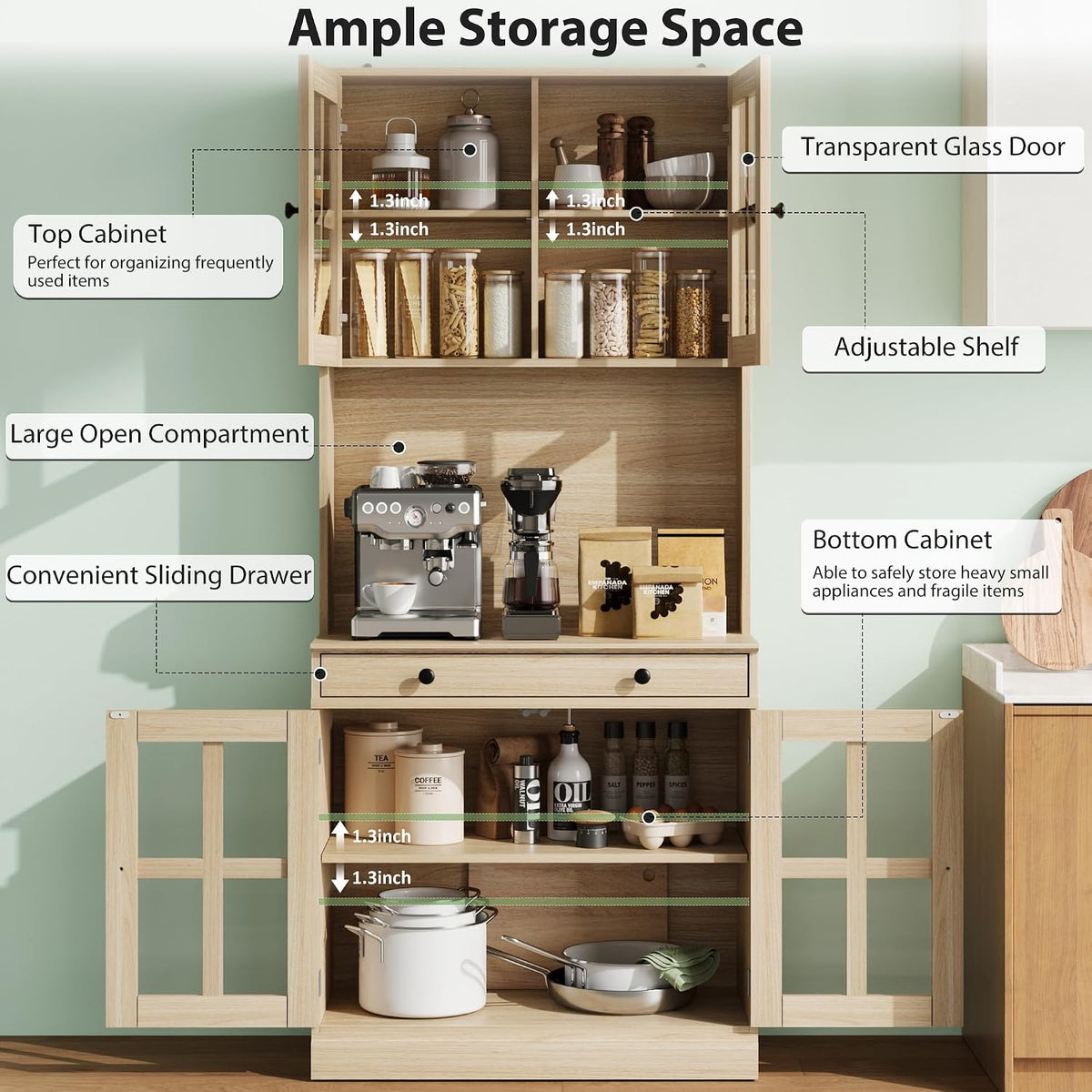 IDEAHOUSE 72 Inch Kitchen Pantry Cabinet with Glass Doors, Drawer and Adjustable Shelves, Farmhouse Tall Storage Cabinet with Open Countertop, Wood